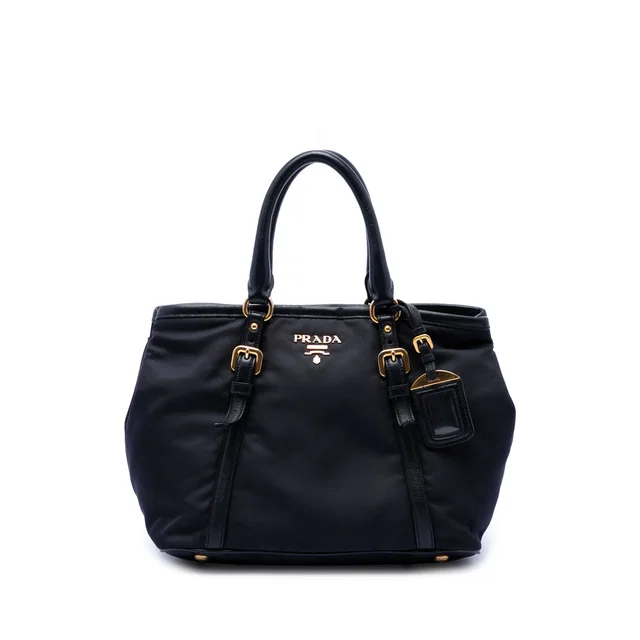 Black Prada Soft Calf Trimmed Tessuto Satchel in Black Nylon from Designer Revival