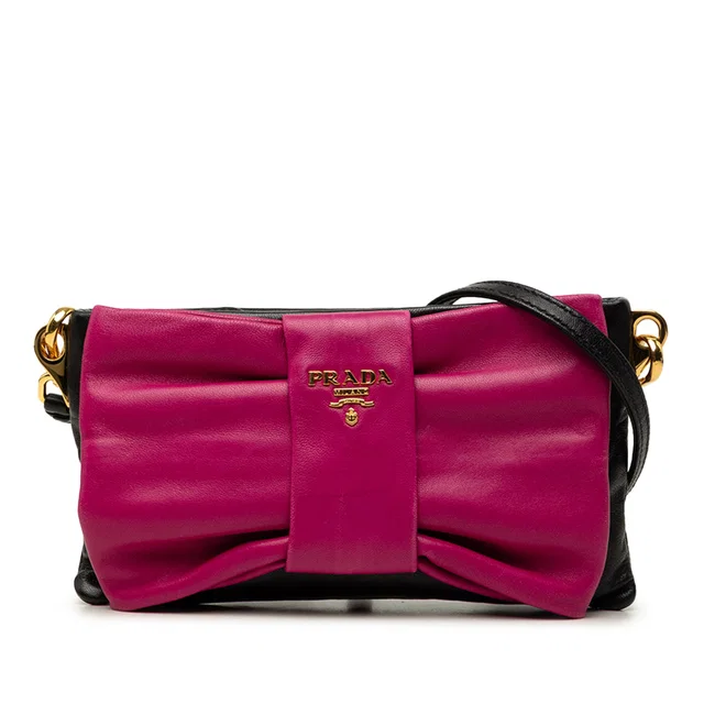 Pink Prada Bicolor Nappa Fiocco Bow Clutch on Strap Crossbody Bag in Pink Nappa leather from Designer Revival