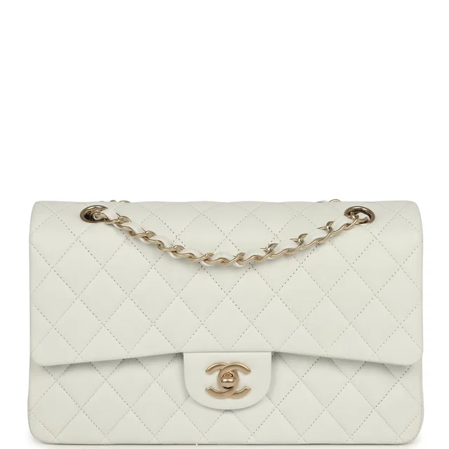 Chanel Medium Classic Double Flap Bag White Lambskin Brushed Gold Hardware in White Lambskin from Madison Avenue Couture