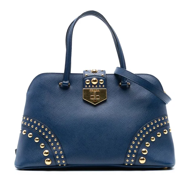 Blue Prada Studded Saffiano Cuir Promenade Satchel in Blue Saffiano leather from Designer Revival