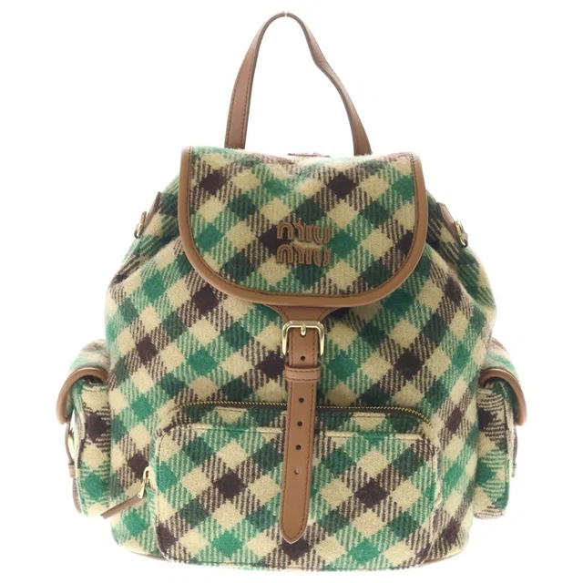 Miu Miu Plaid and Leather Backpack Tartan Check Wool Green Beige in Beige Wool from The Reluxe