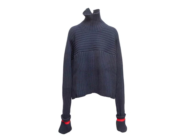 Navy & Red Celine Yak Hair & Wool Turtleneck Sweater Size US M in Red Wool from Designer Revival