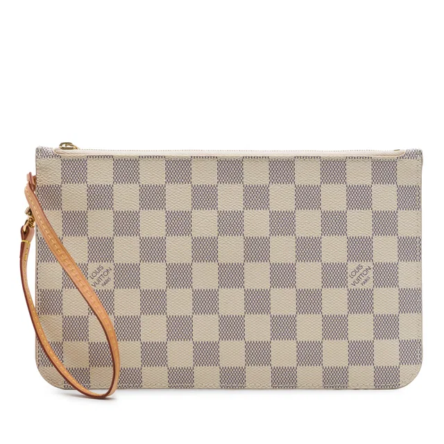 White Louis Vuitton Damier Azur Neverfull MM Pouch in White Canvas from Designer Revival