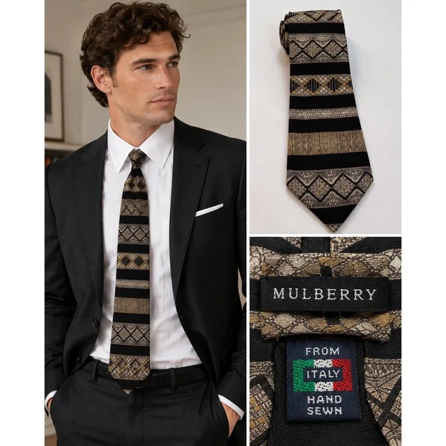 Mulberry Italy Silk Tie Black Gold Silver Geometric Striped Hand Sewn 2569 in black|gold Silk from Poshmark
