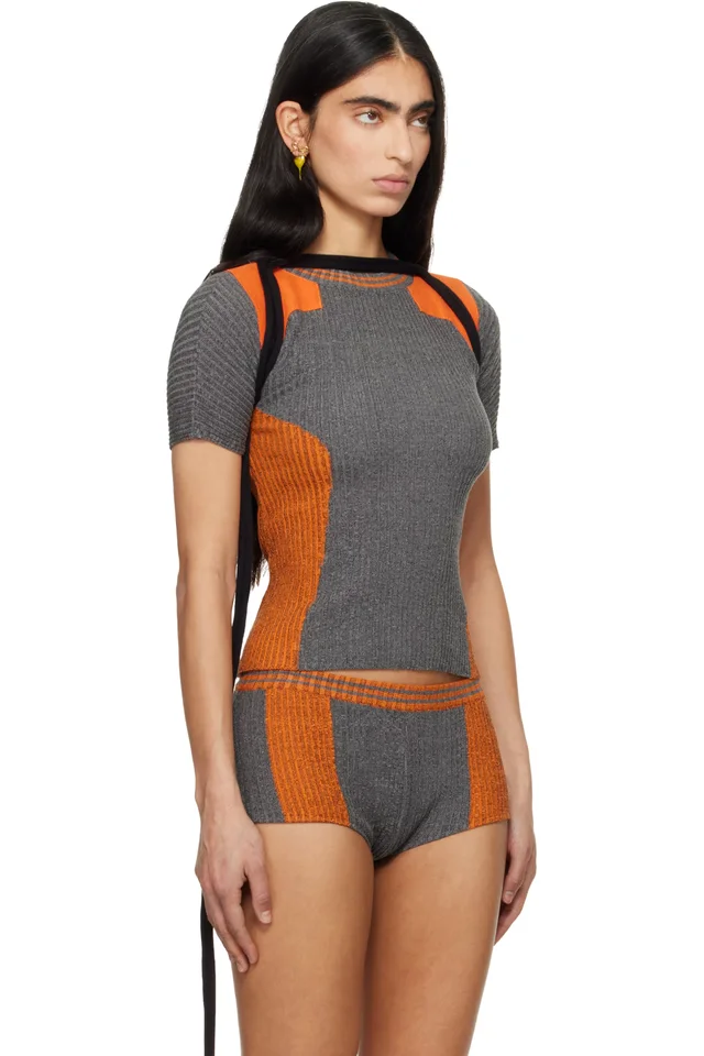 Ottolinger Orange & Gray Textured Knit Team T-shirt, photo 2 of 4 from SSENSE