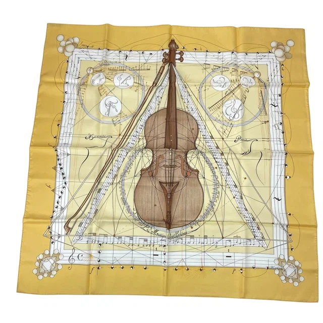 Hermès Scarf Silk Carre 90 Music Played By Spheres la Musique Des Yellow in Yellow Silk from The Reluxe