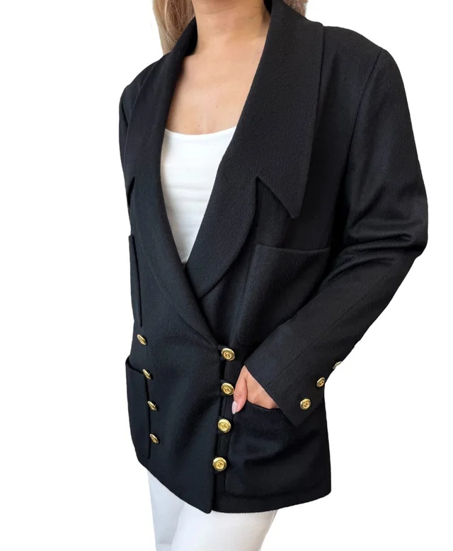 Chanel Vintage CC Mark Logo Jacket #38 Button Pocket Black Gold Cashmere in Black Cashmere from Luxury Promise, photo 2 of 2