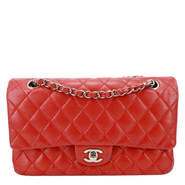 Chanel Classic Double Flap Medium Quilted Lambskin Leather Shoulder Bag Red in Red Lambskin from Dallas Designer Handbags