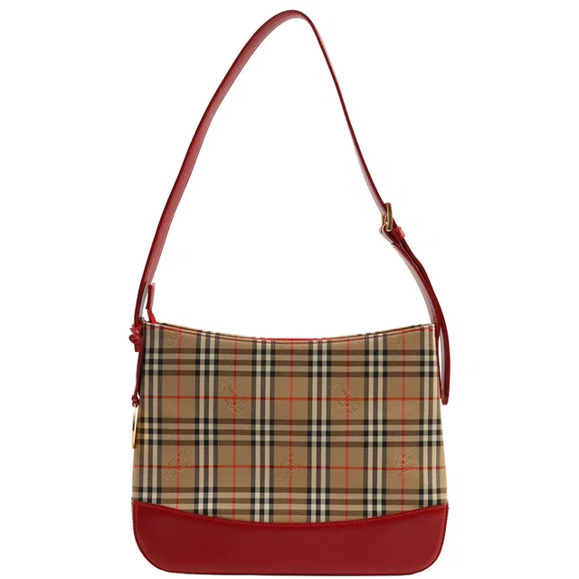 Burberry Nova Check Pattern Logo Charm Shoulder Bag Beige / Red in Beige Canvas from VINTAGE QOO TOKYO