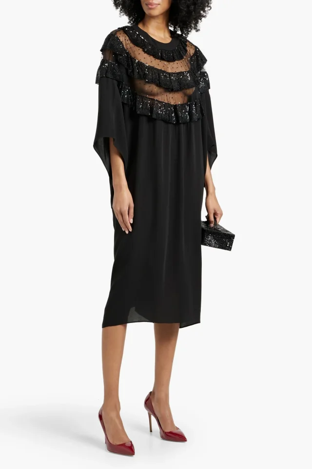 Valentino Garavani Embellished Point D'Esprit-Paneled Crepe de Chine Midi Dress in Black, photo 2 of 4 from THE OUTNET
