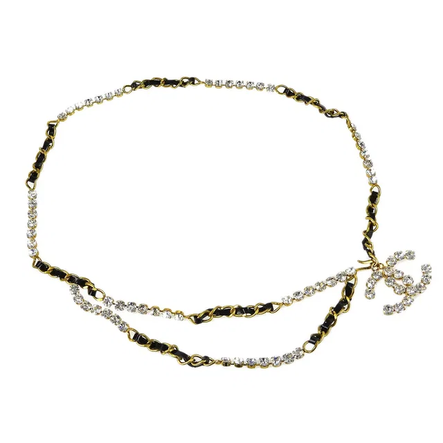 Chanel 1995 Spring Rhinestones CC Gold & Black Chain Belt in Black from AMORE Vintage Tokyo