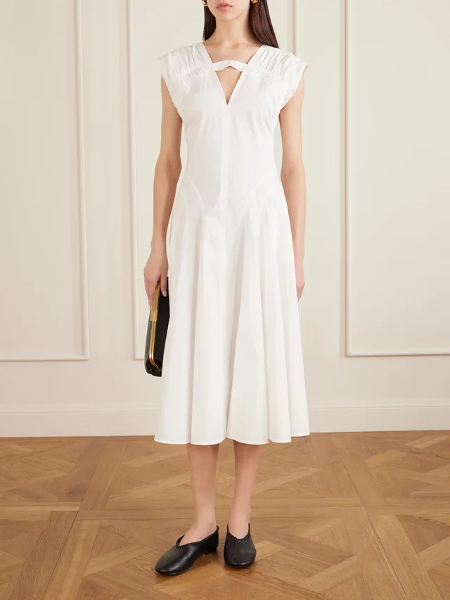 PROENZA SCHOULER Manoela ruched paneled cotton-blend poplin midi dress in White, photo 2 of 2 from NET-A-PORTER (Canada)
