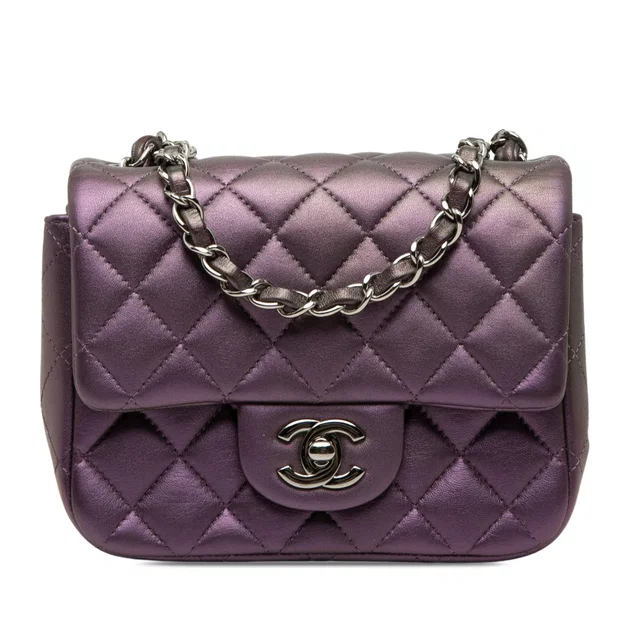 Purple Chanel Mini Square Classic Iridescent Lambskin Single Flap Crossbody Bag in Purple Lambskin from Designer Revival