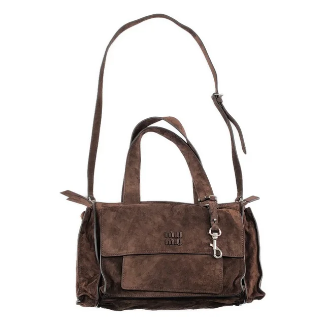 Miu Miu Utilitaire Suede Shoulder Bag TU Brown in Brown Suede from The Reluxe