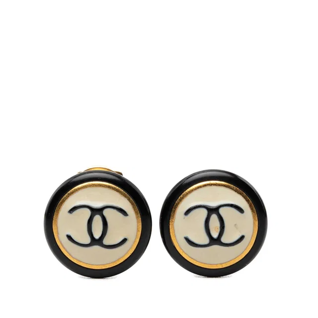 Chanel CC Gold Plated and Enamel Round Button Clip On Earrings in Black from Designer Revival