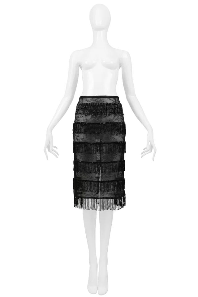 Dolce & Gabbana Black Sheer Skirt With Beaded Fringe Ss 2000 in Black Nylon from Resurrection Vintage