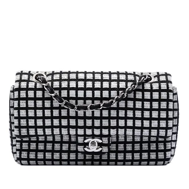 Black Chanel Medium Classic Ribbon and Tweed Logo Double Flap Shoulder Bag in Black Tweed from Designer Revival