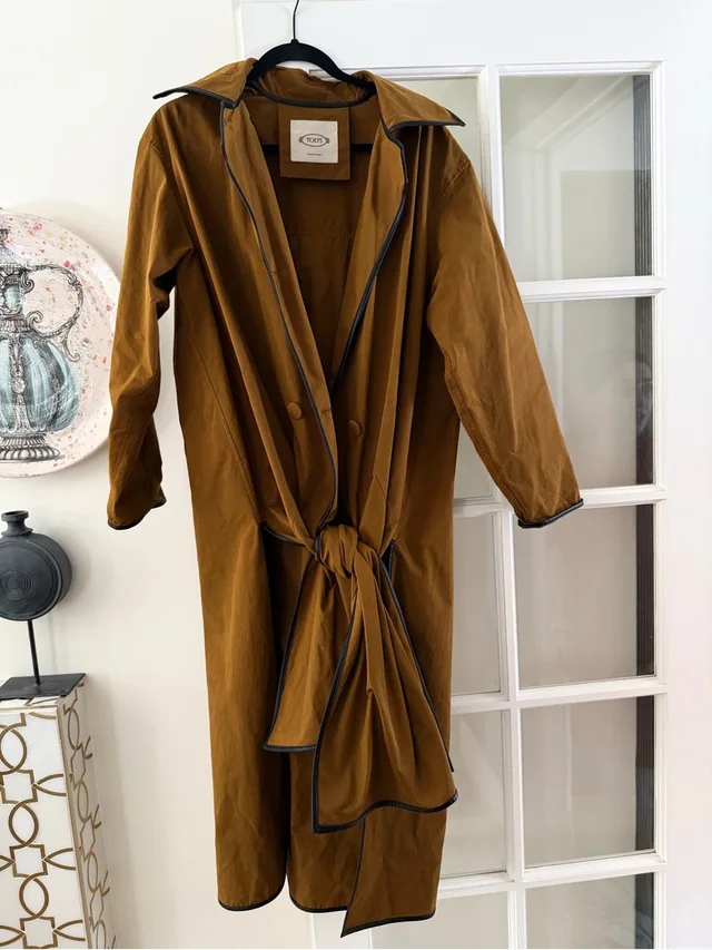 Tod's Camel Brown Trench Coat With Black Leather Trim in black|brown|red Leather from Poshmark