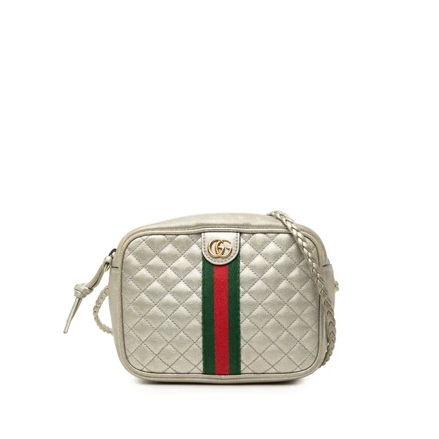 Silver Gucci Mini Quilted Metallic Calfskin Web Trapuntata Crossbody in Silver Calfskin from Designer Revival
