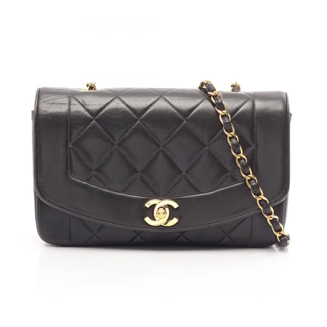 Chanel Shoulder Bag Quilted Diana Flap Black Lambskin Chain in Black Lambskin from The Reluxe