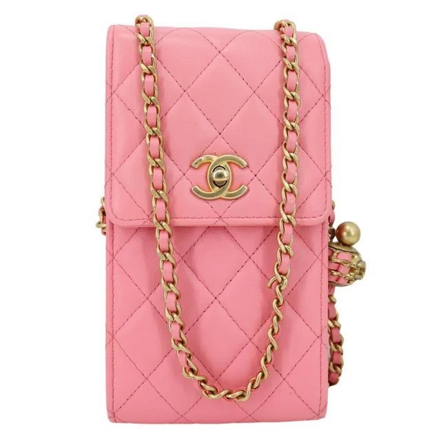 Chanel Pearl Crush CC Quilted Leather Crossbody Phone Holder Pink in Pink Leather from Dallas Designer Handbags