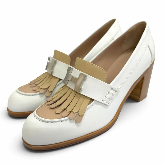 Hermès Elysee 70 Constance Silver Leather Pumps Chunky Heel White in White Leather from The Reluxe