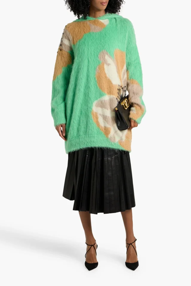 Valentino Garavani Oversized Jacquard-Knit Mohair-Blend Hoodie in Mint, photo 2 of 4 from THE OUTNET