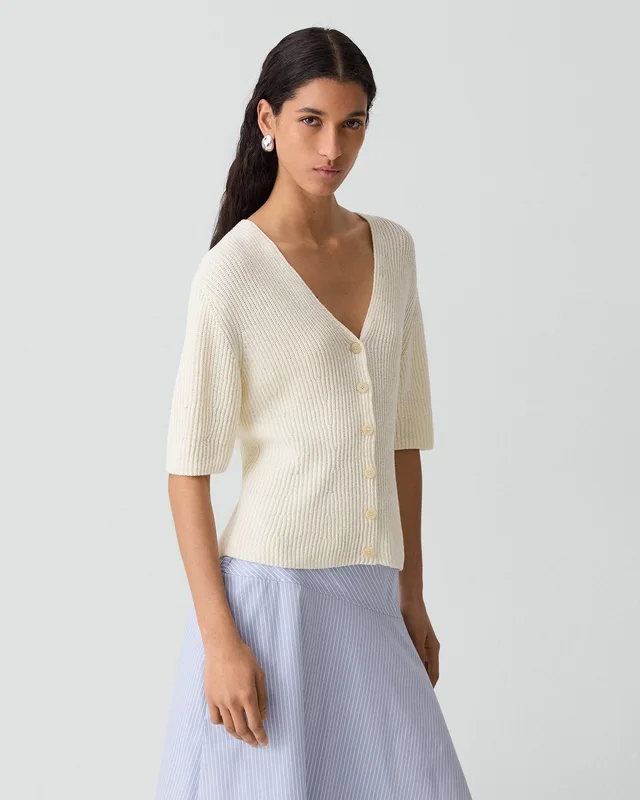 Theory Slim Cardigan in Ribbed Cotton in IVORY, photo 9 of 12 from Theory