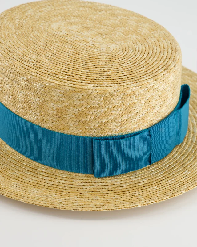 Prada Raffia Woven Hat with Teal Ribbon Detail Size L in Beige Woven leather from Sellier, photo 6 of 7