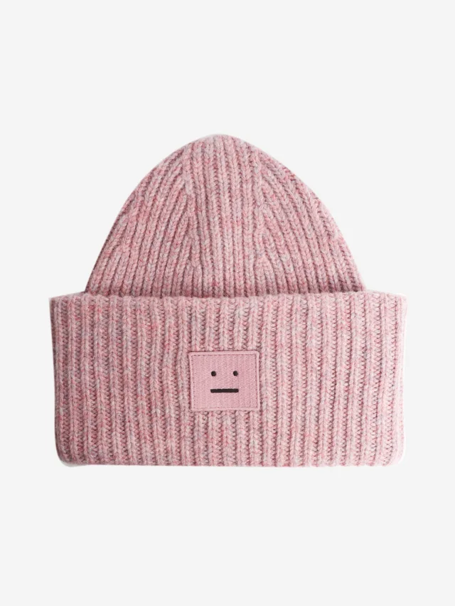 Acne Studios Pink ribbed small face beanie in Pink Wool from Sign of the Times