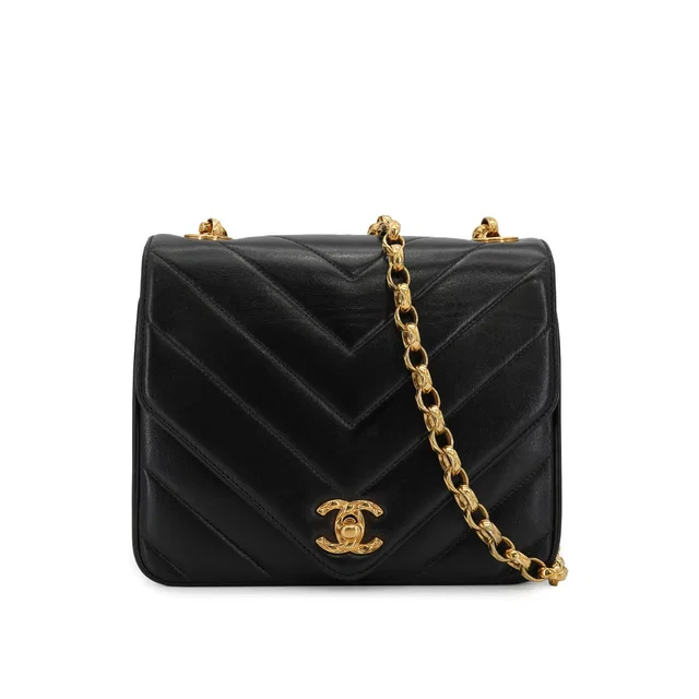 Chanel Vintage Chevron Bijou Chain Shoulder Bag Black Lamb Skin Gold Hardware in Black from Luxury Promise