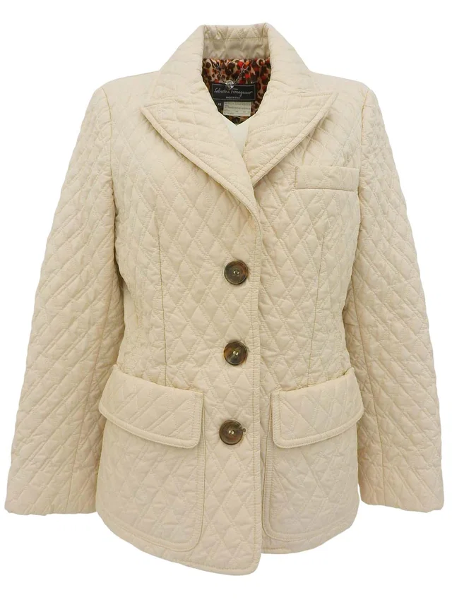 Ferragamo Quilted Logo Button Jacket #42 Ivory in White from VINTAGE QOO TOKYO