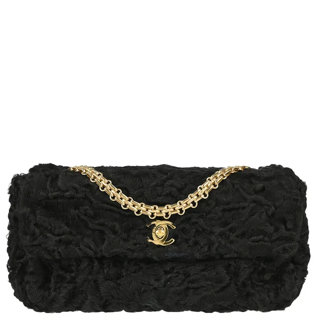 Chanel 2000-2001 Black Persian Lamb Straight Flap Shoulder Bag in Black from AMORE Vintage Tokyo