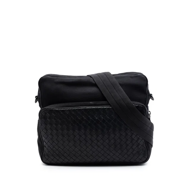 Black Bottega Veneta Nappa Intrecciato Trimmed Canvas Messenger Bag in Black Nappa leather from Designer Revival