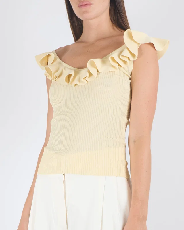 Zimmermann Pale Yellow Awaken Ruffled Ribbed Knit Top Size 0P (UK 6) in Yellow from Sellier