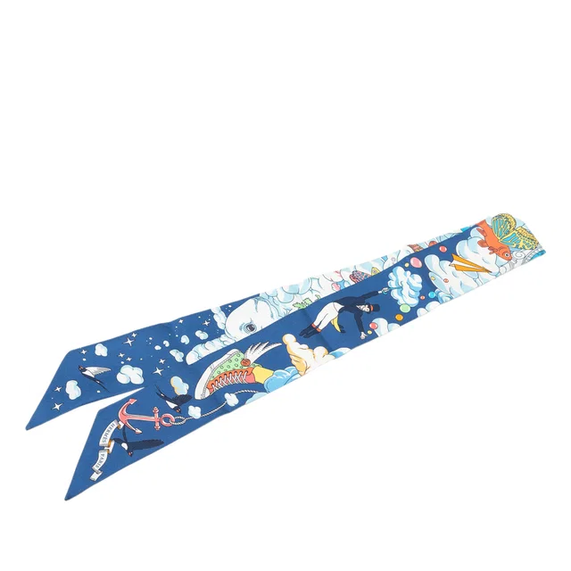 Blue Hermès Sur Mon Nuage Silk Twilly Scarf Scarves in Blue Silk from Designer Revival