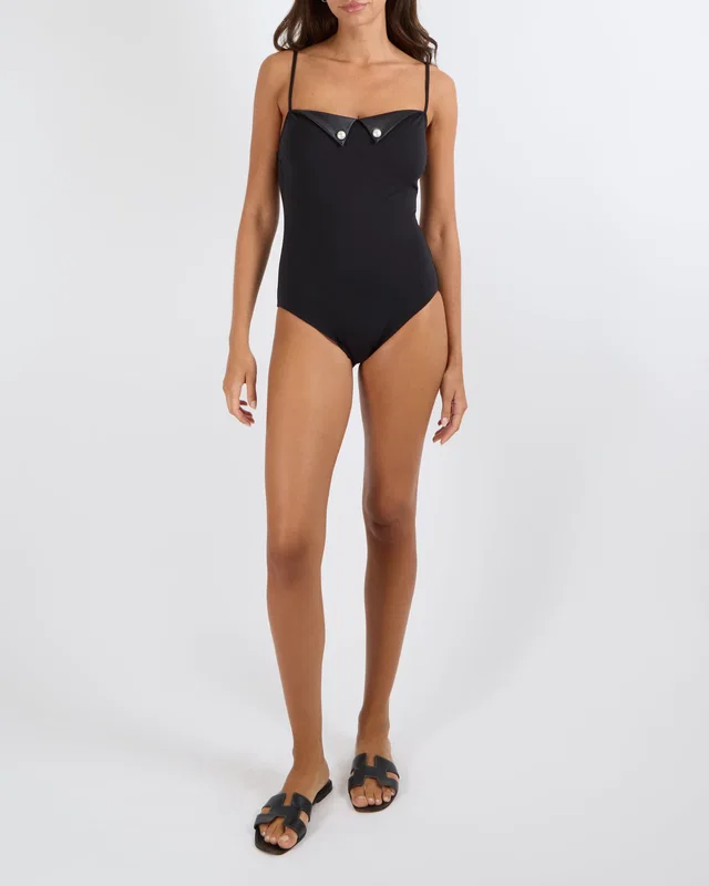 Chanel Black One-Piece Swimsuit with Pearl Crystal Embellished CC Logo Buttons Size FR 40 (UK 12) in Black from Sellier