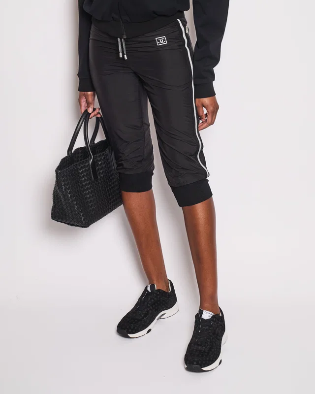 Chanel Black Nylon 3/4 Length Trousers with Cuffed Leg Details and Silver Side Trims Size FR 34 (UK 6) in Black Nylon from Sellier