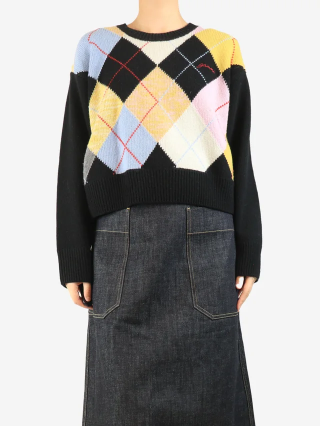 GANNI Black cropped Argyle jumper - size S in Black Wool from Sign of the Times, photo 2 of 2