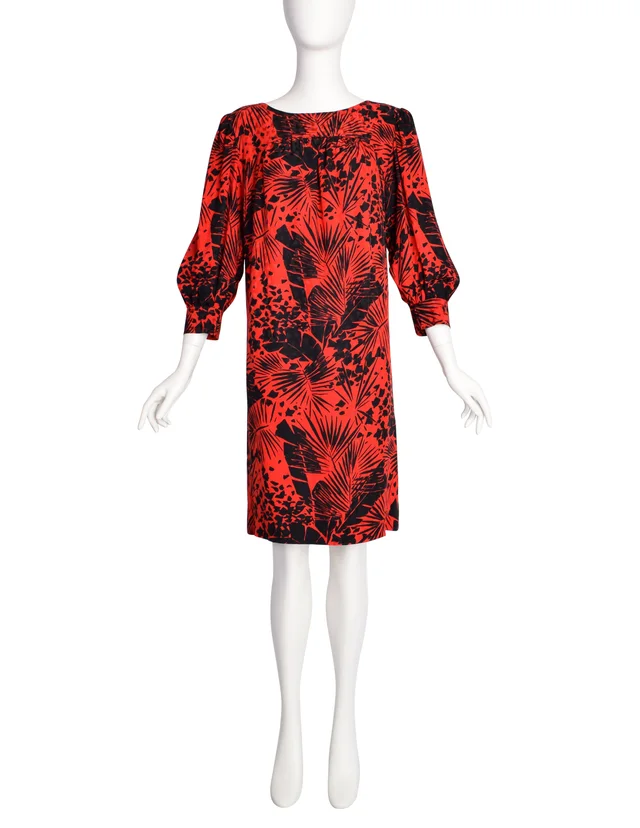 Saint Laurent Vintage SS 1985 Red Black Leaf Print Silk Jacquard Dress in Black Silk from Amarcord Vintage Fashion
