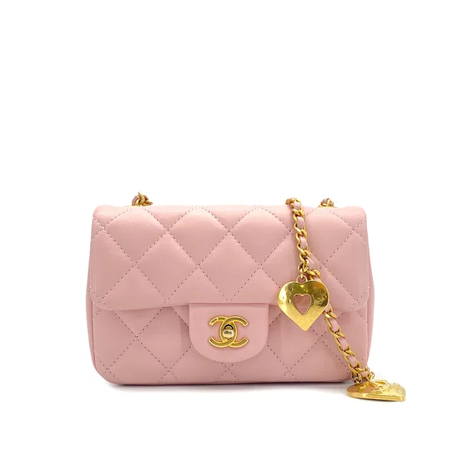 Chanel Mini Matelasse Heart Charm Chain Shoulder Bag Pink Lamb Skin Gold Hardware in Pink Leather from Luxury Promise