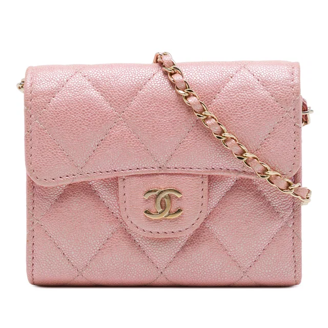 Pink Chanel CC Quilted Iridescent Caviar Flap Card Holder on Chain Crossbody Bag in Pink Caviar leather from Designer Revival