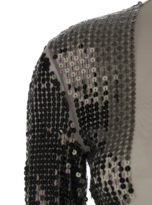 RICK OWENS T-Shirt 'Dennis' Short with Long Sleeves with Sequins in Tech Fabric Stretch Gray Women in Grey 93% Nylon 7% Elastane, photo 5 of 5 from Gaudenzi Boutique
