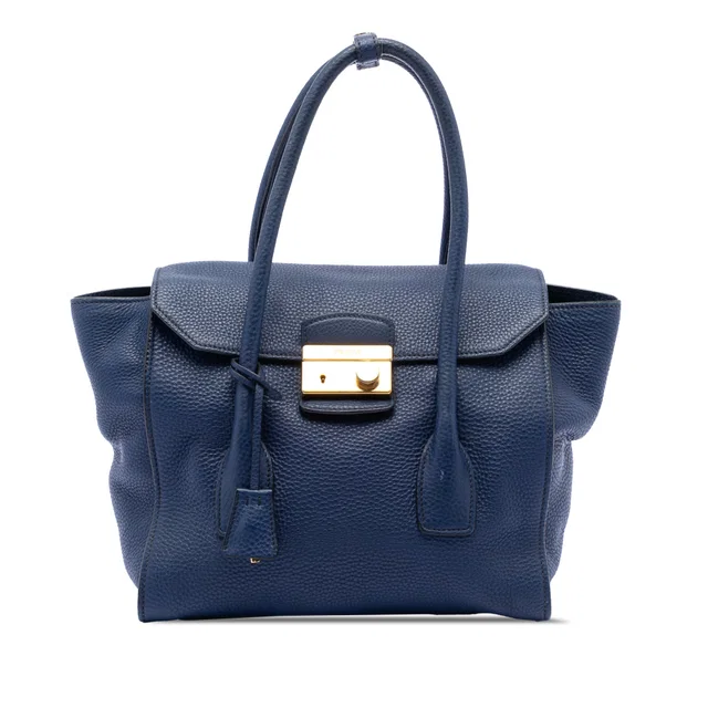 Blue Prada Vitello Daino Sound Lock Satchel in Blue Leather from Designer Revival