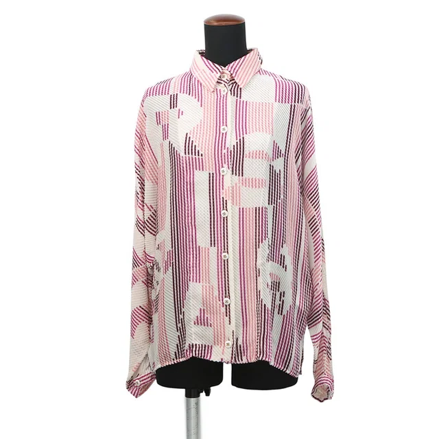 Chanel Viscose CC Logo Button All-Over Print Shirt Size 38 White/Pink/PurpleP75476 Viscose 64% Silk 36% in White Silk from GALLERY RARE