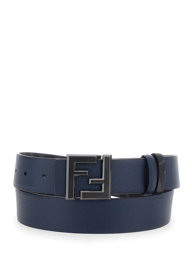 Blue Reversible Belt with Square FF Buckle in Leather Man in Blue, image 1 of 1 from Gaudenzi Boutique