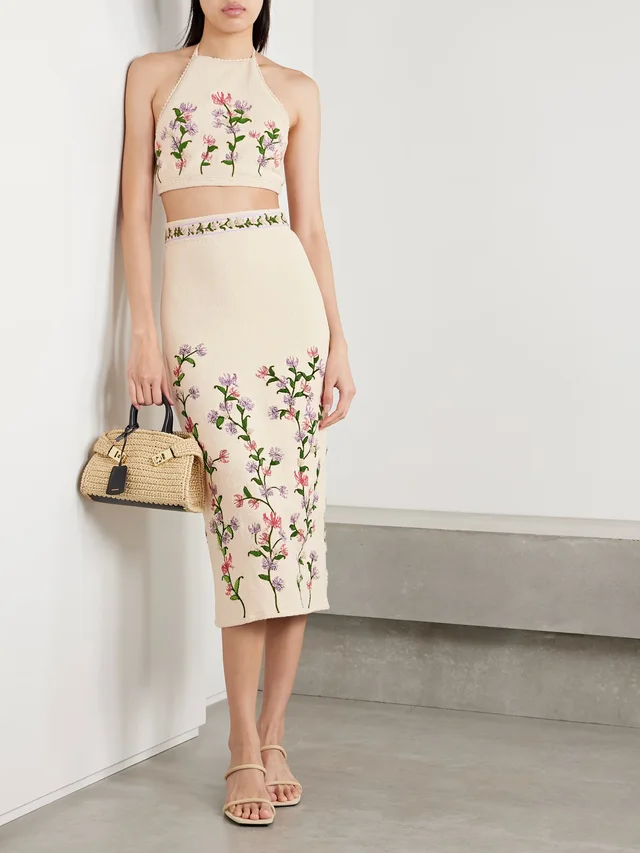 AGUA BY AGUA BENDITA Carlota Honeysuckle cropped appliquéd embroidered cotton-blend bouclé halterneck top in Beige, photo 2 of 2 from NET-A-PORTER (Canada)