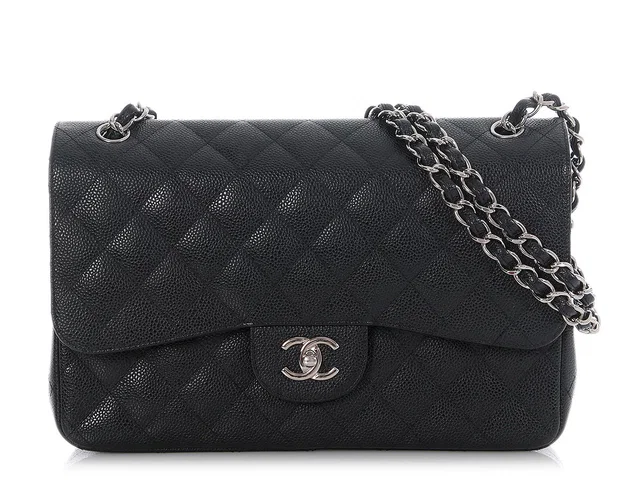 Chanel Jumbo Black Quilted Caviar Classic Double Flap in Black Caviar leather from Ann's Fabulous Finds
