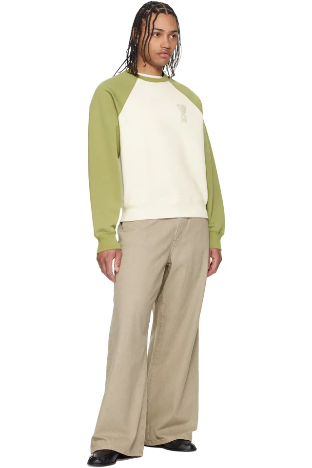 AMI Paris Green & Off-White Cotton Knitted Ami de Coeur Sweatshirt, photo 4 of 4 from SSENSE
