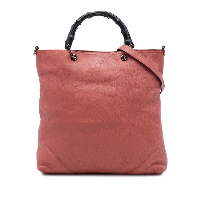 Pink Gucci Tall Calfskin Bamboo Shopper Tote Satchel in Pink Calfskin from Designer Revival